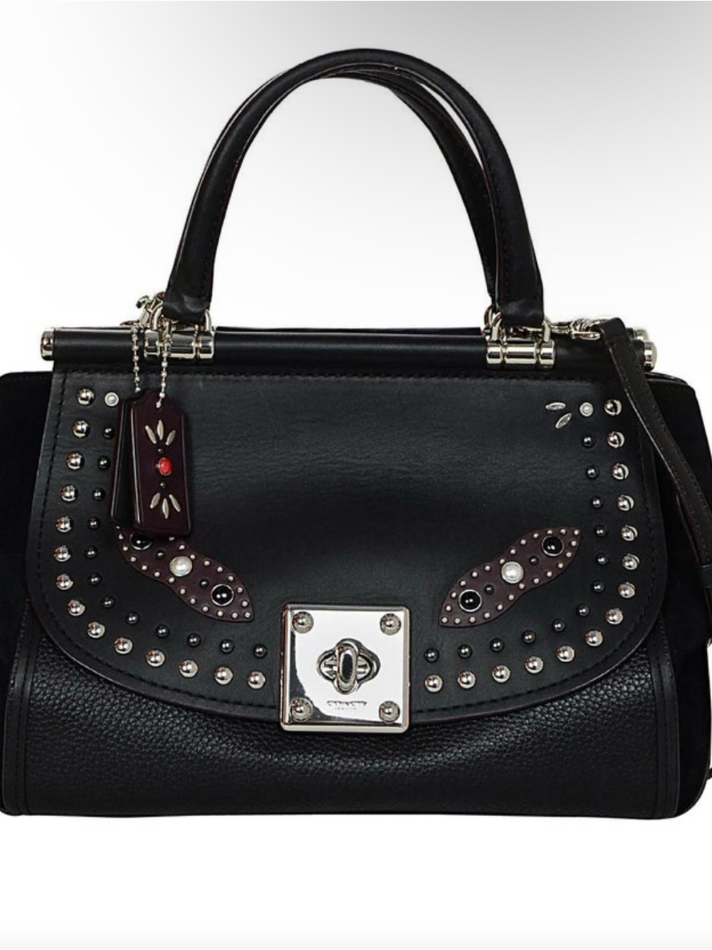 Coach Black Leather Studded Satchel with Burgundy Tag
